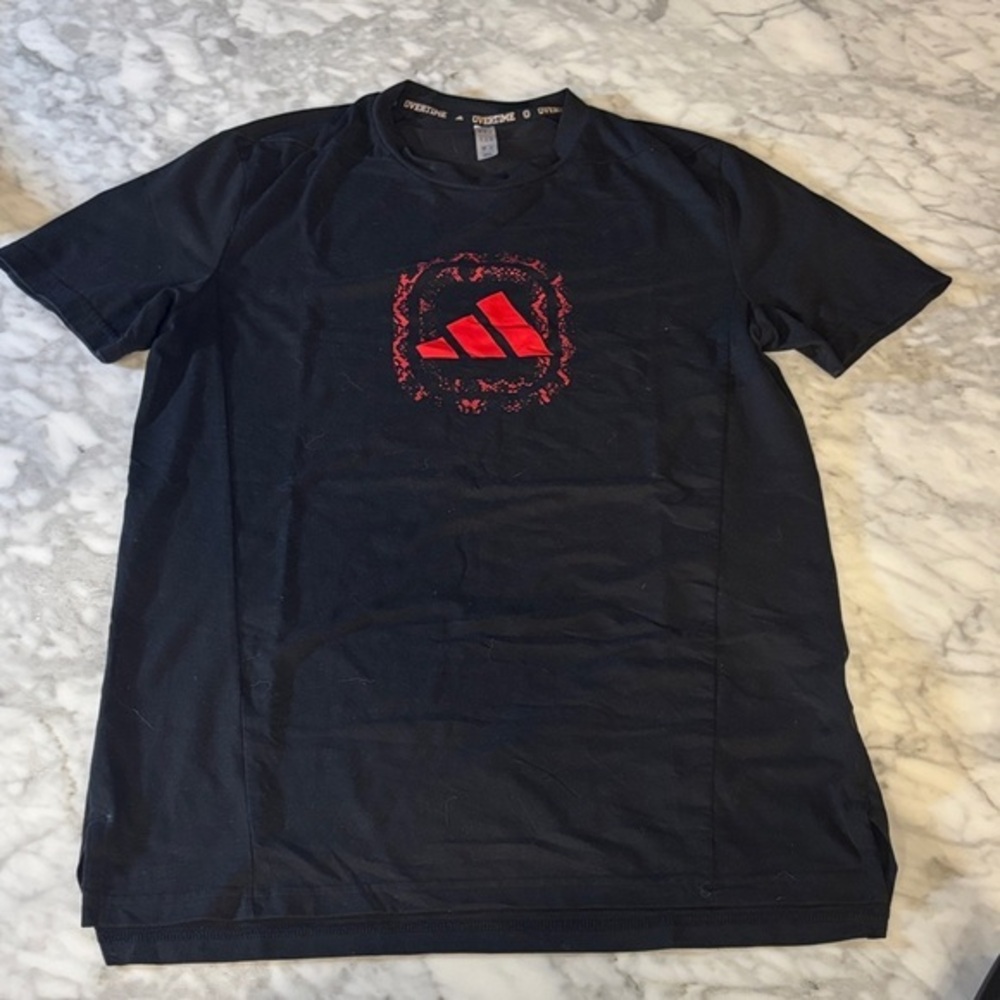 Adidas Men's Tee in Black with Red Overtime logo, size small
